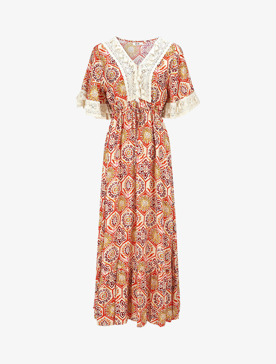 Robe longue imprimé fantaisie à détail broderies - Rouge - 4