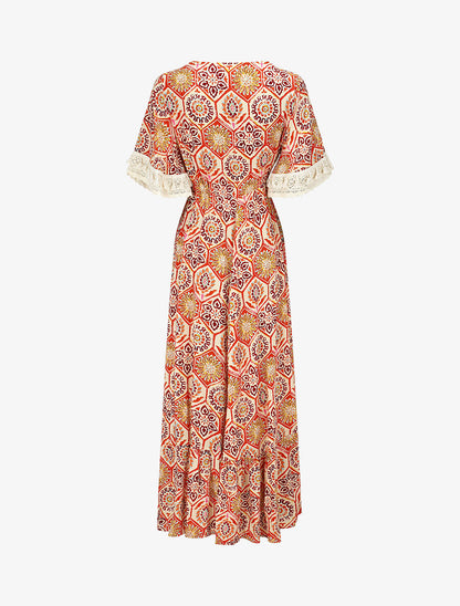 Robe longue imprimé fantaisie à détail broderies - Rouge - 2