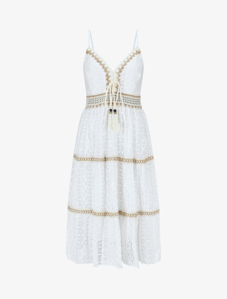 Robe mi-longue unie à broderies - Blanc - 4