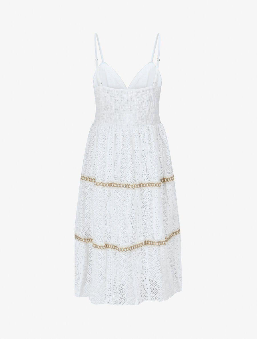 Robe mi-longue unie à broderies - Blanc - 2
