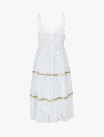 Robe mi-longue unie à broderies - Blanc - 2