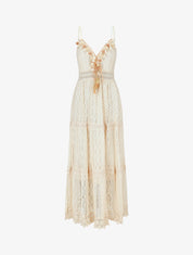 Robe longue crochet à détail pompons - Beige - 1