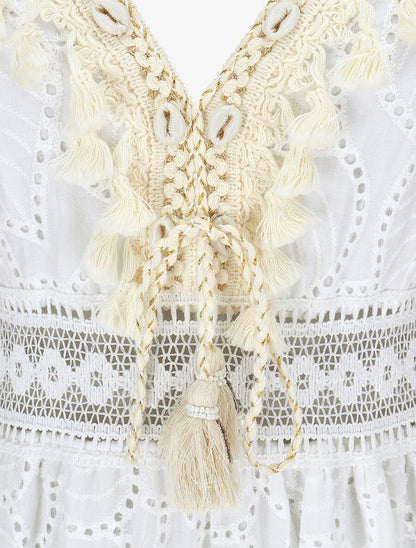 Robe longue à broderies et coquillages - Blanc - 3