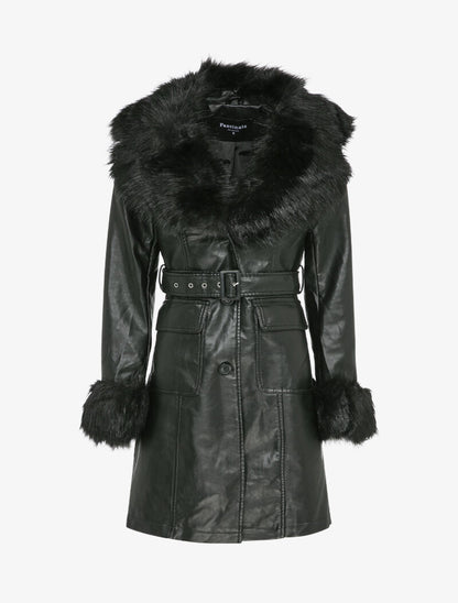 Manteau en simili à col et poignets en fausse fourrure - Noir - 4