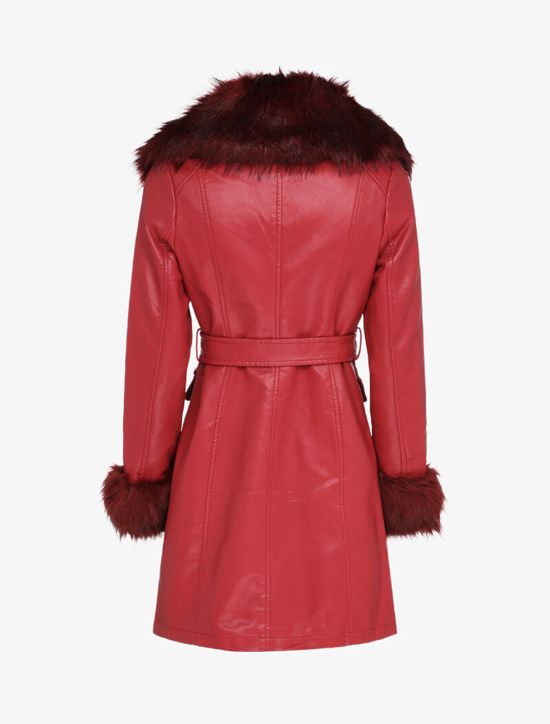 Manteau en simili à col et poignets en fausse fourrure - Rouge - 2