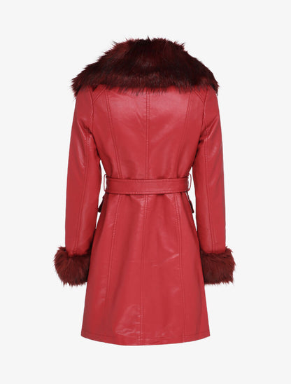 Manteau en simili à col et poignets en fausse fourrure - Rouge - 2