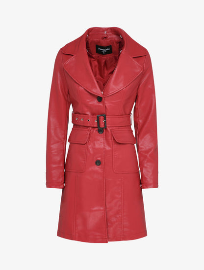 Manteau en simili à col et poignets en fausse fourrure - Rouge - 3