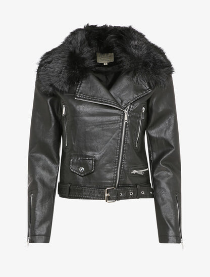 Perfecto en simili à col en fausse fourrure - Noir - 1