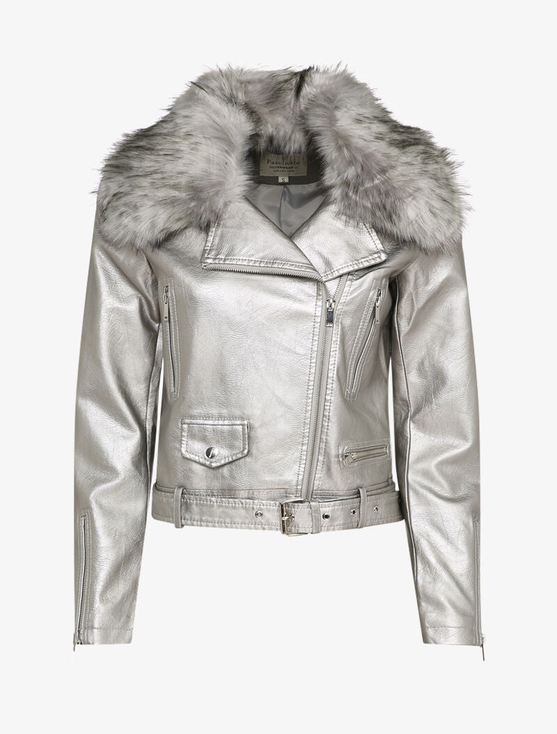Perfecto en simili à col en fausse fourrure - Argent - 1