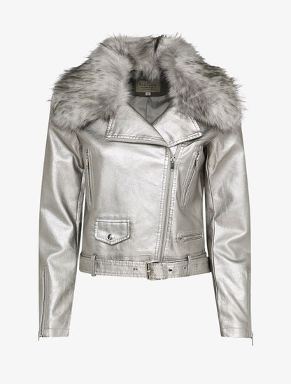 Perfecto en simili à col en fausse fourrure - Argent - 1