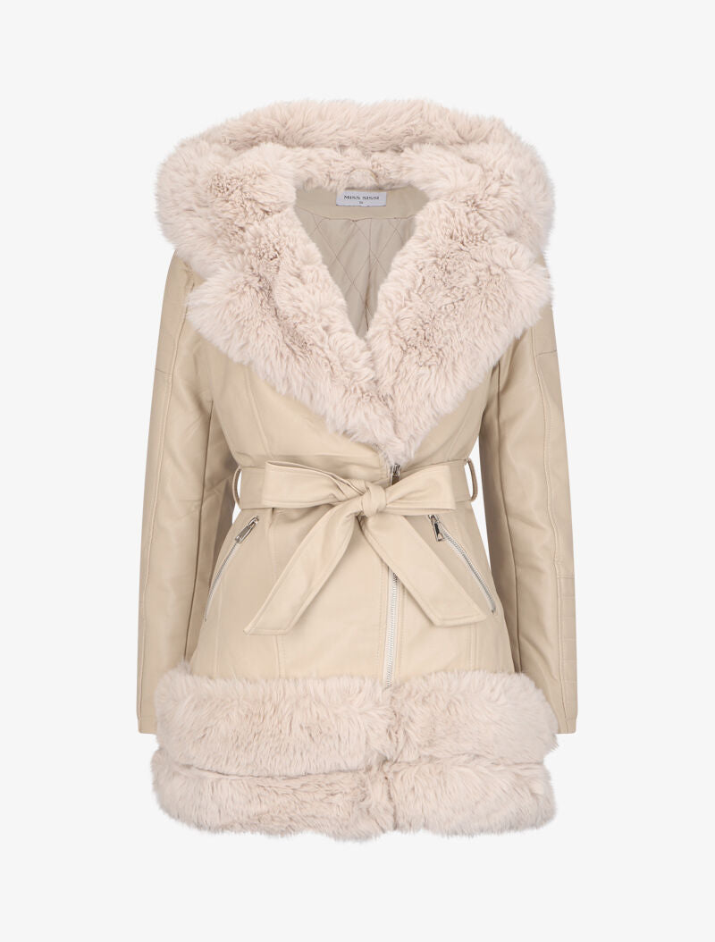 Manteau en simili à empiècement en fausse fourrure - Beige - 1