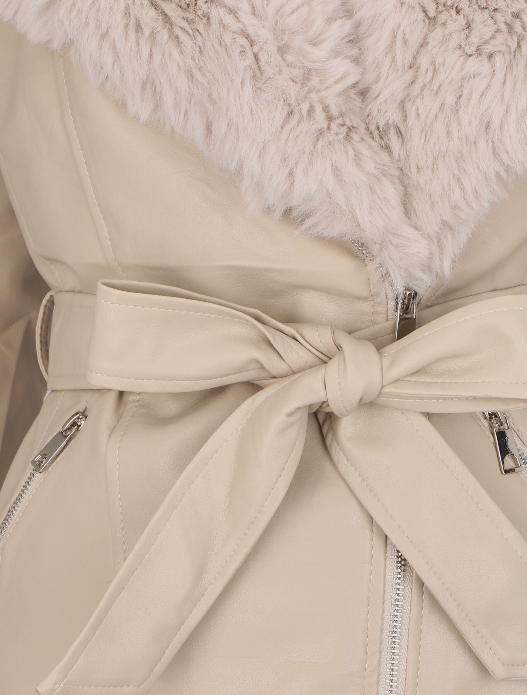 Manteau en simili à empiècement en fausse fourrure - Beige - 3