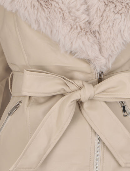 Manteau en simili à empiècement en fausse fourrure - Beige - 3