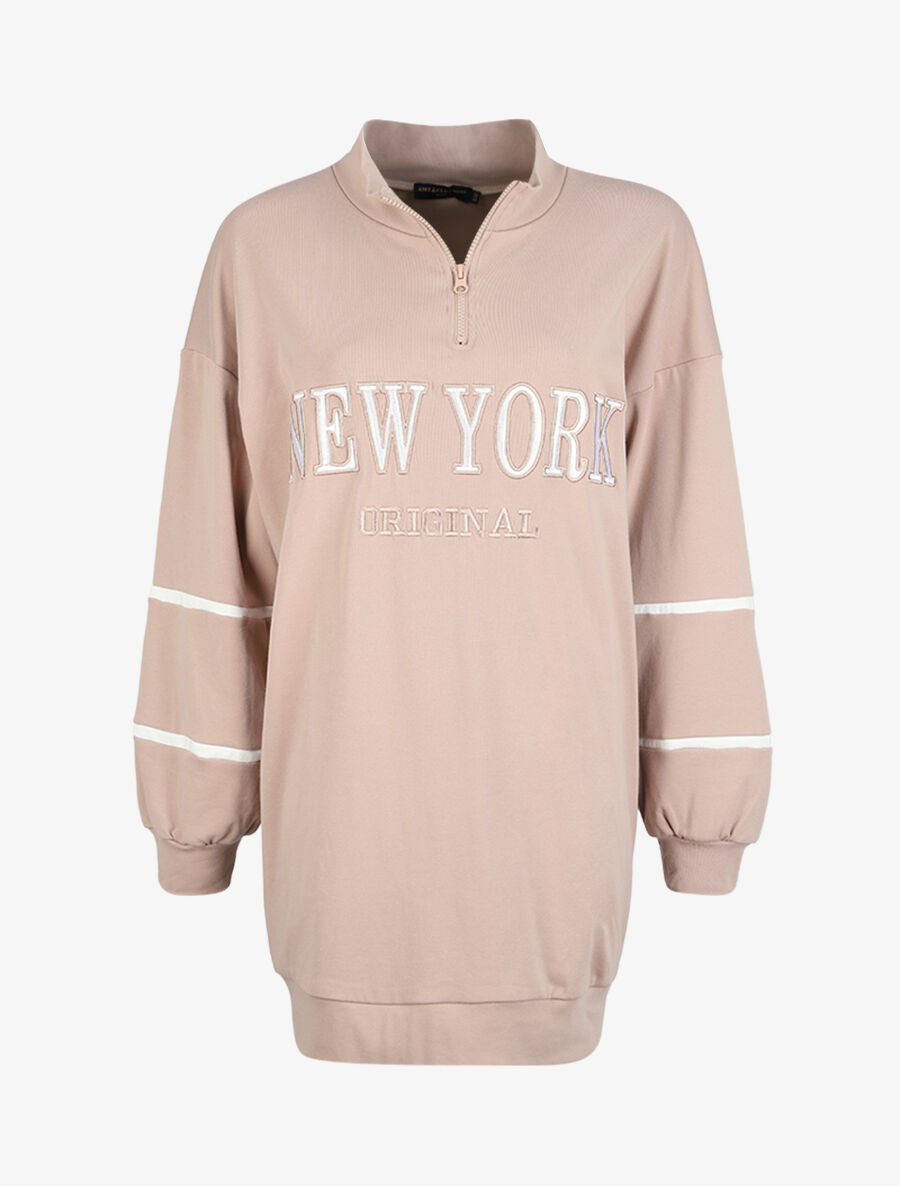 Robe sweat oversize à col zippé - Taupe - 1