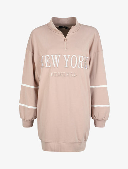 Robe sweat oversize à col zippé - Taupe - 1