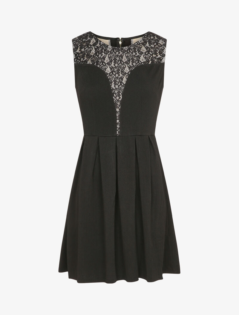 Robe patineuse à col et dos en dentelle - Noir - 4