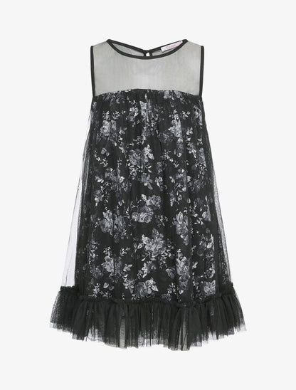 Robe babydoll imprimé roses et bords volantés - Noir - 1
