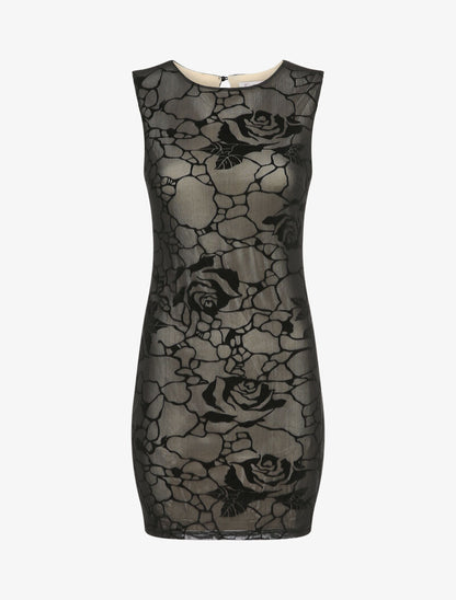 Robe moulante en velours dévoré à motif roses - Noir - 4