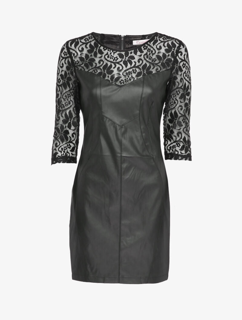 Robe en simili à manches en dentelle - Noir - 4