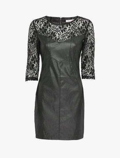 Robe en simili à manches en dentelle - Noir - 4