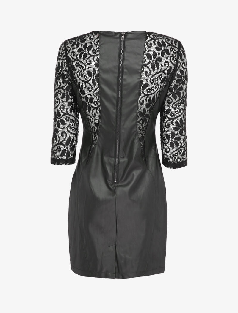 Robe en simili à manches en dentelle - Noir - 2
