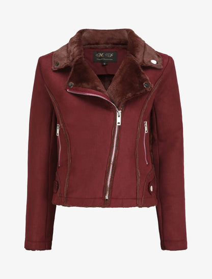 Veste fourrée à col cranté - Lie de vin - 1