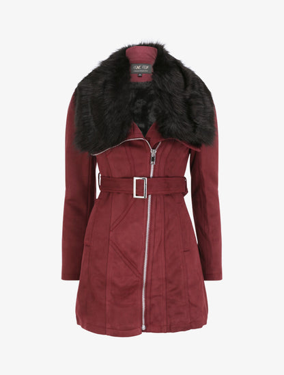 Manteau ajusté à intérieur fourré - Lie de vin - 1