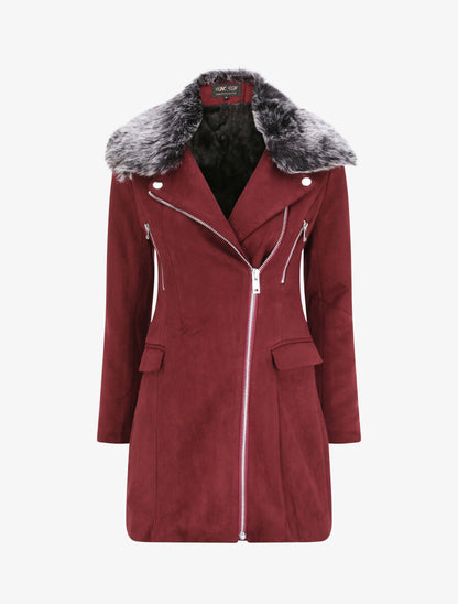 Manteau à col cranté et intérieur fourré - Lie de vin - 5