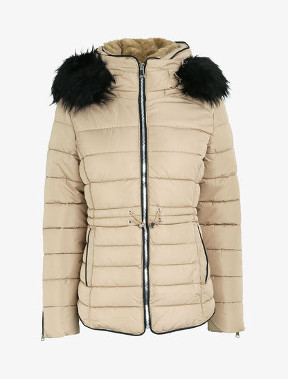 Doudoune fourrée à capuche à détail fausse fourrure - Beige - 4