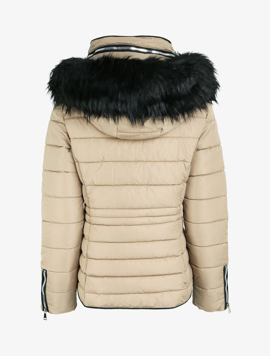 Doudoune fourrée à capuche à détail fausse fourrure - Beige - 2