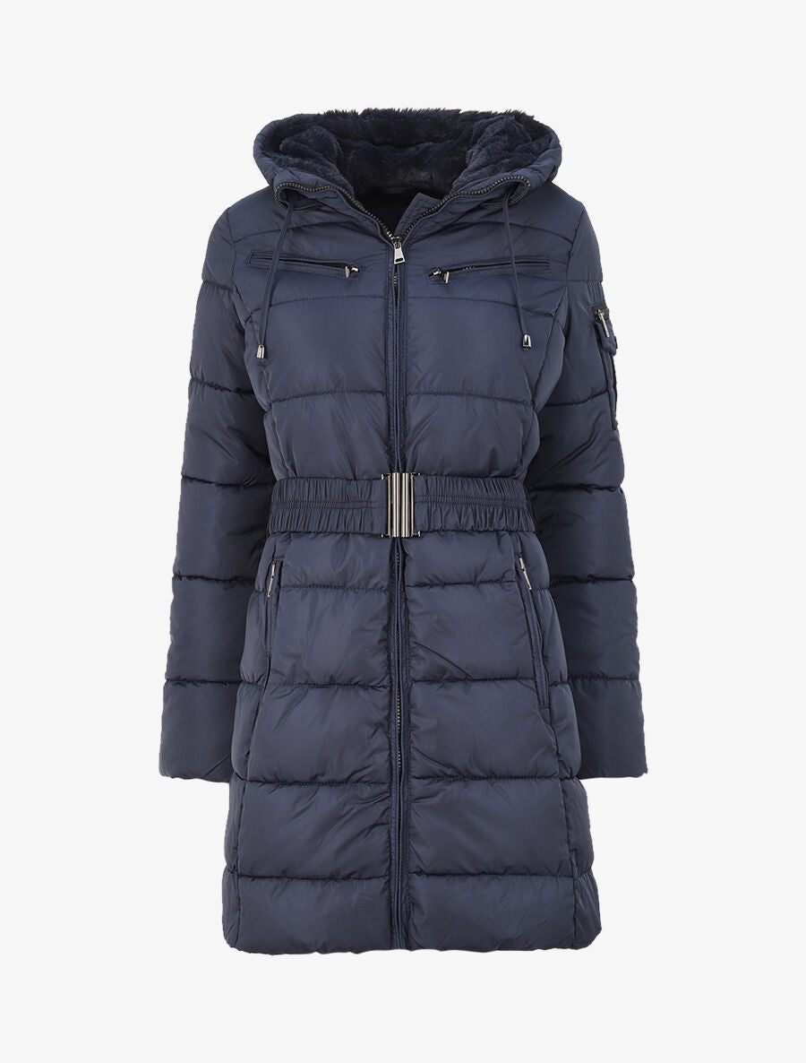 Doudoune mi-longue à poches zippées et capuche - Marine - 3