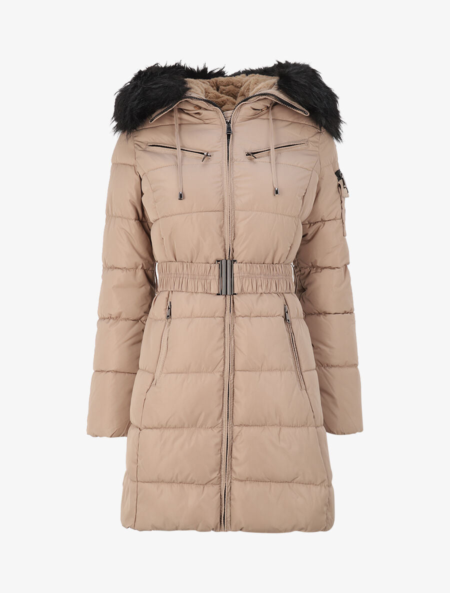 Doudoune mi-longue à poches zippées et capuche - Taupe - 1