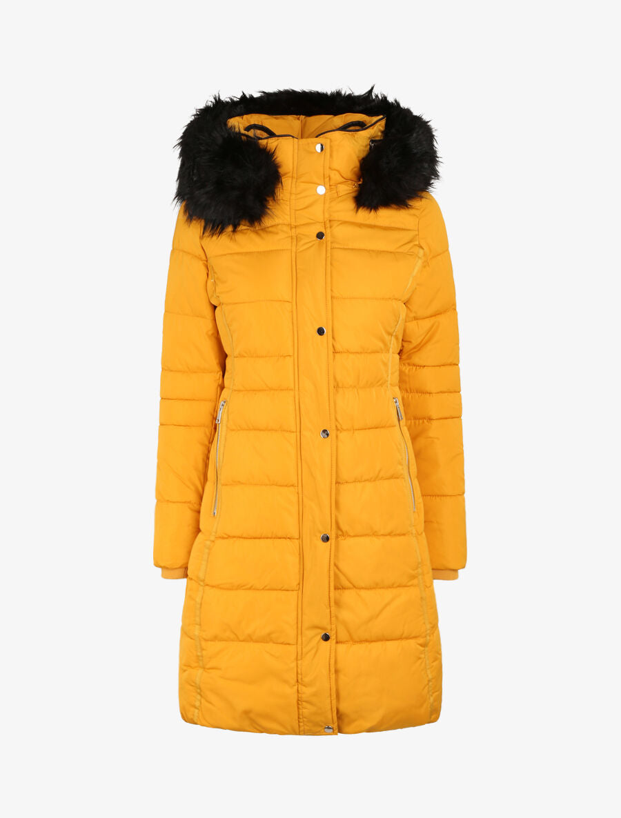 Doudoune cintrée à capuche à détail fausse fourrure - Jaune - 1