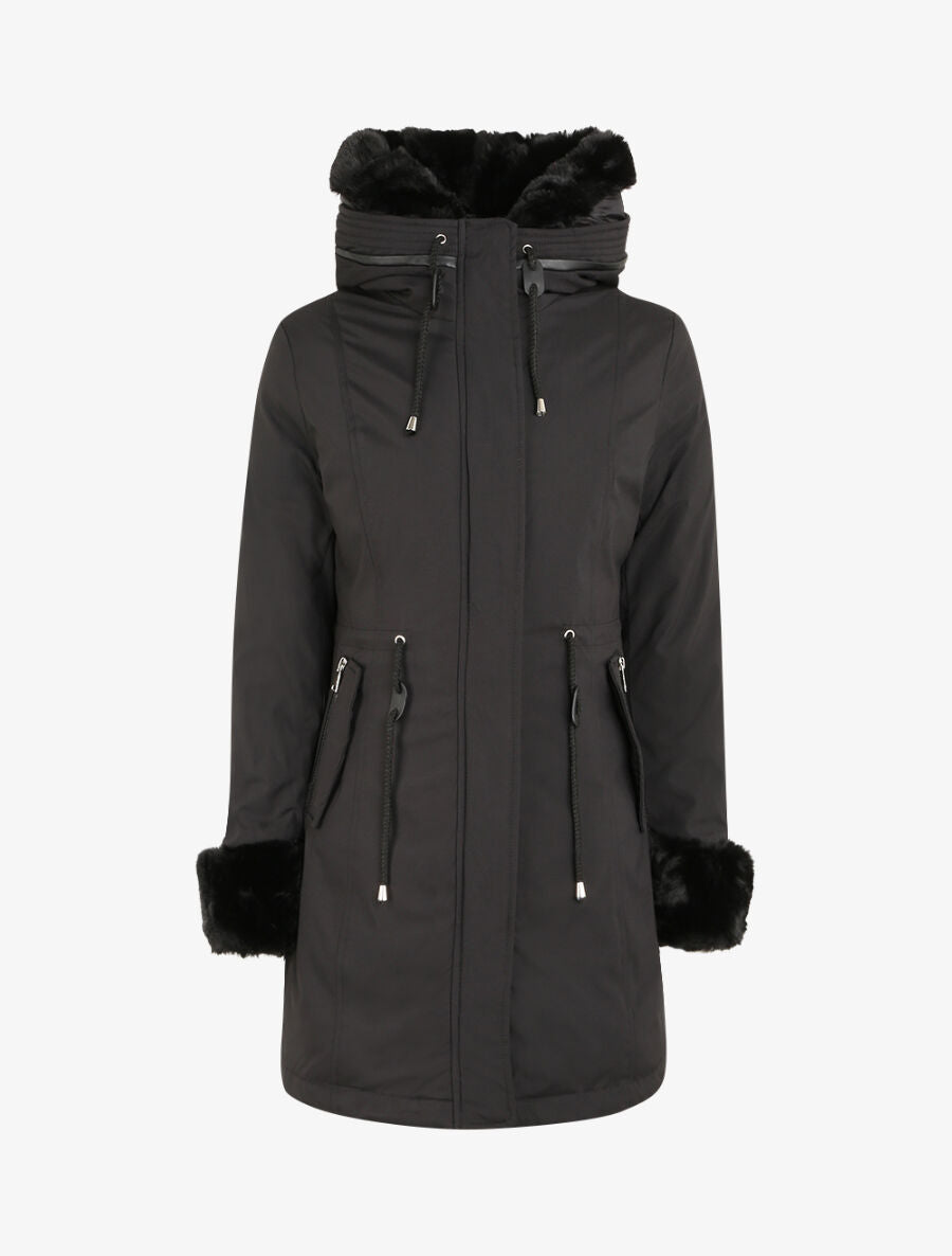 Parka mi-longue à détail fausse fourrure - Noir - 1