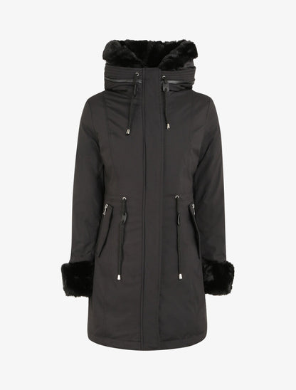 Parka mi-longue à détail fausse fourrure - Noir - 1