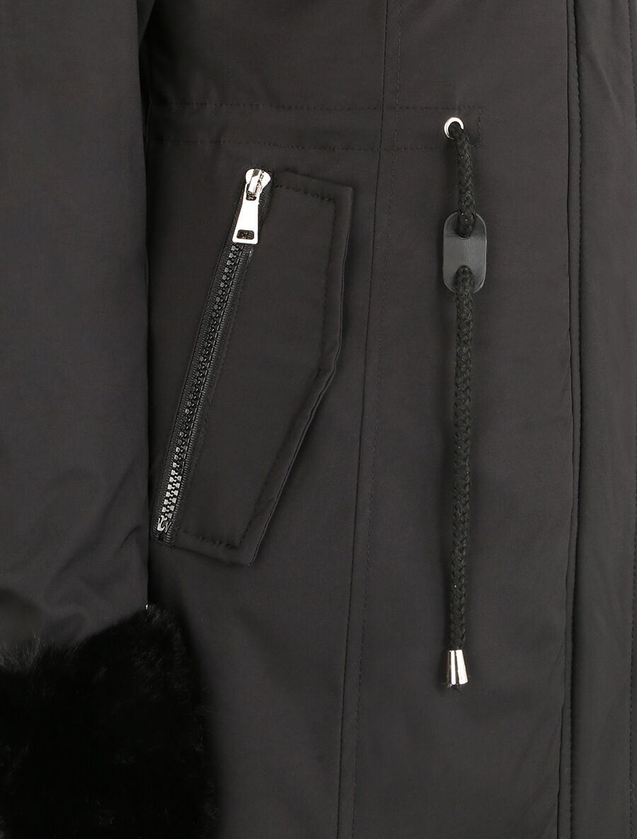 Parka mi-longue à détail fausse fourrure - Noir - 3