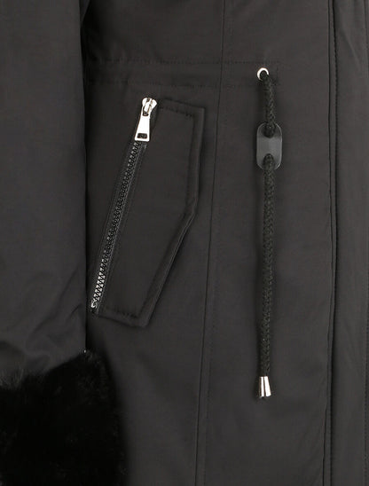 Parka mi-longue à détail fausse fourrure - Noir - 3