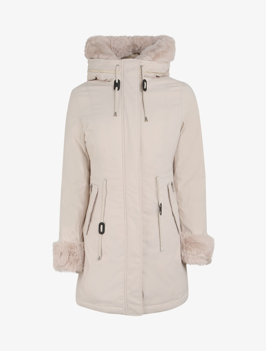 Parka mi-longue à détail fausse fourrure - Beige - 4
