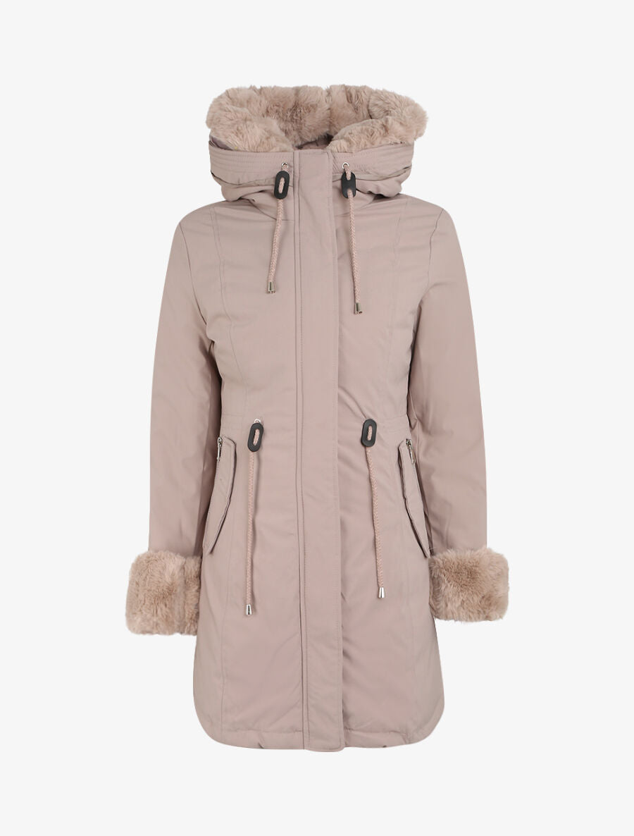 Parka mi-longue à détail fausse fourrure - Taupe - 1