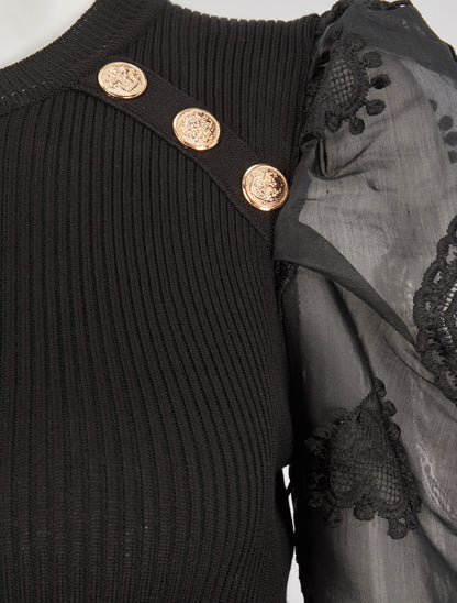 Robe pull à manches bouffantes en crochet - Noir - 3