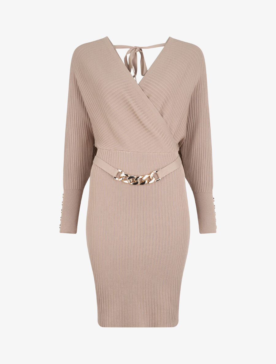 Robe cotelée à ceinture à détail chaîne - Beige - 1
