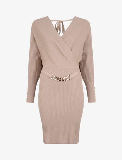 Robe cotelée à ceinture à détail chaîne - Beige - 1