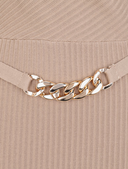 Robe cotelée à ceinture à détail chaîne - Beige - 3