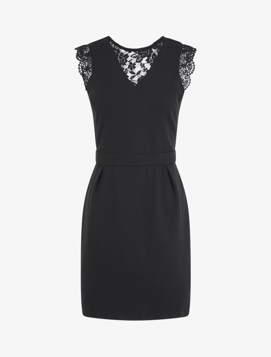 Robe à col en dentelle et mancherons en crochet - Noir - 4