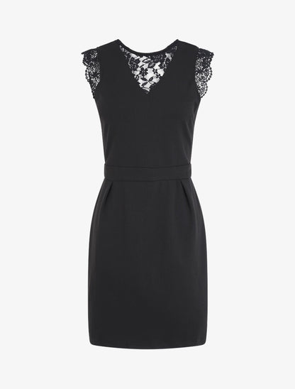 Robe à col en dentelle et mancherons en crochet - Noir - 4