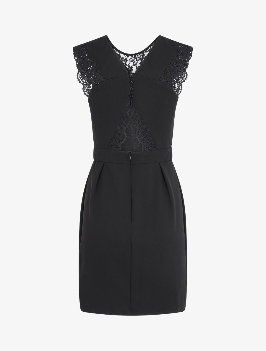 Robe à col en dentelle et mancherons en crochet - Noir - 2