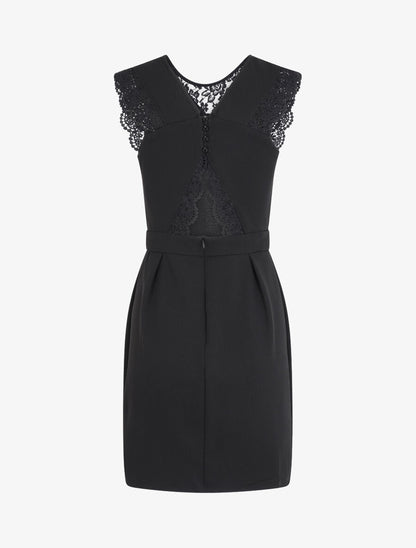 Robe à col en dentelle et mancherons en crochet - Noir - 2