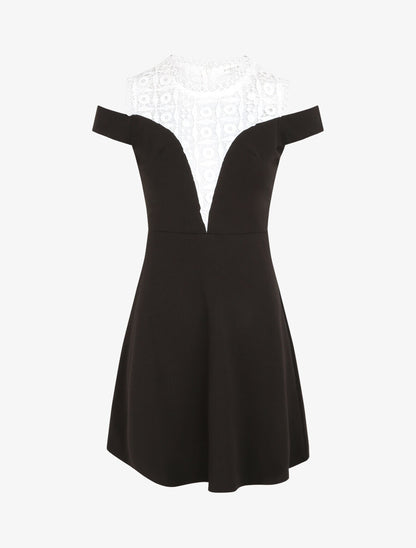 Robe à col en crochet et mancherons - Noir - 3