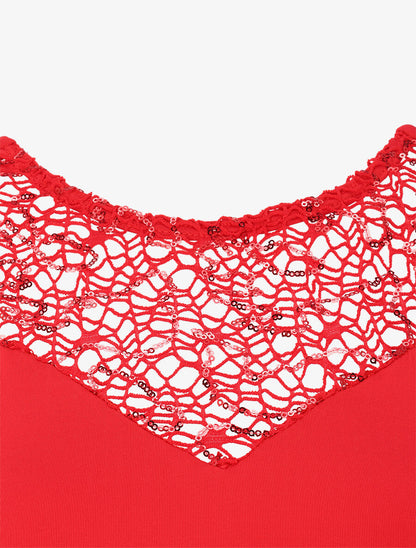 Robe longue à détail crochet et sequins - Rouge - 4
