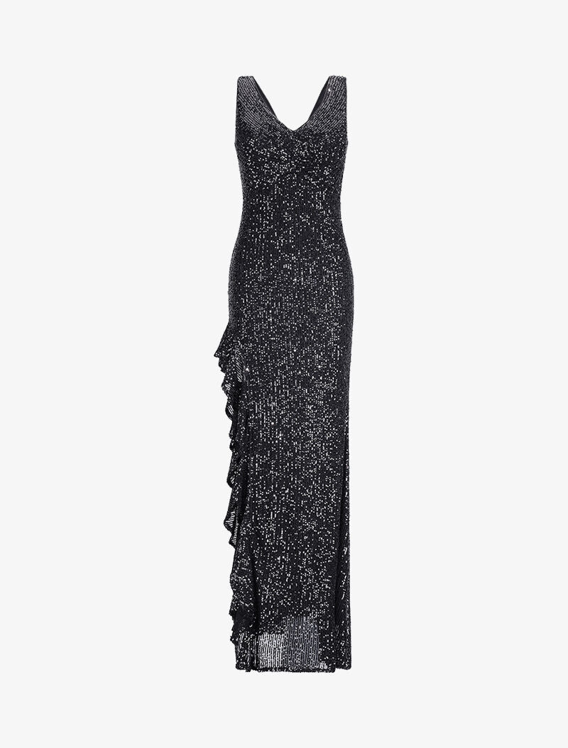 Robe longue à sequins et fente volantée - Noir - 1